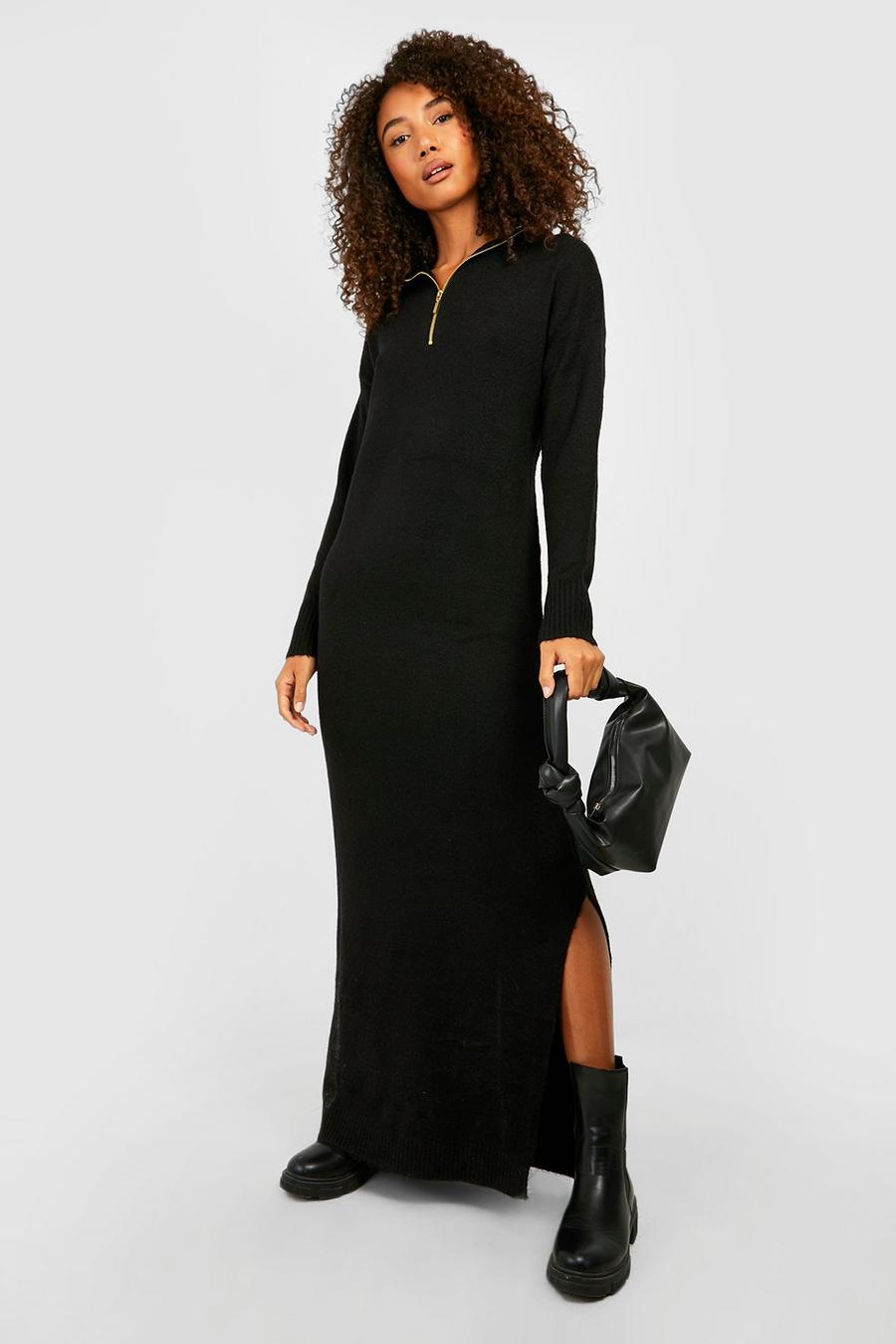 Black Tall Zip Polo Collar Knitted Maxi Dress image number 1