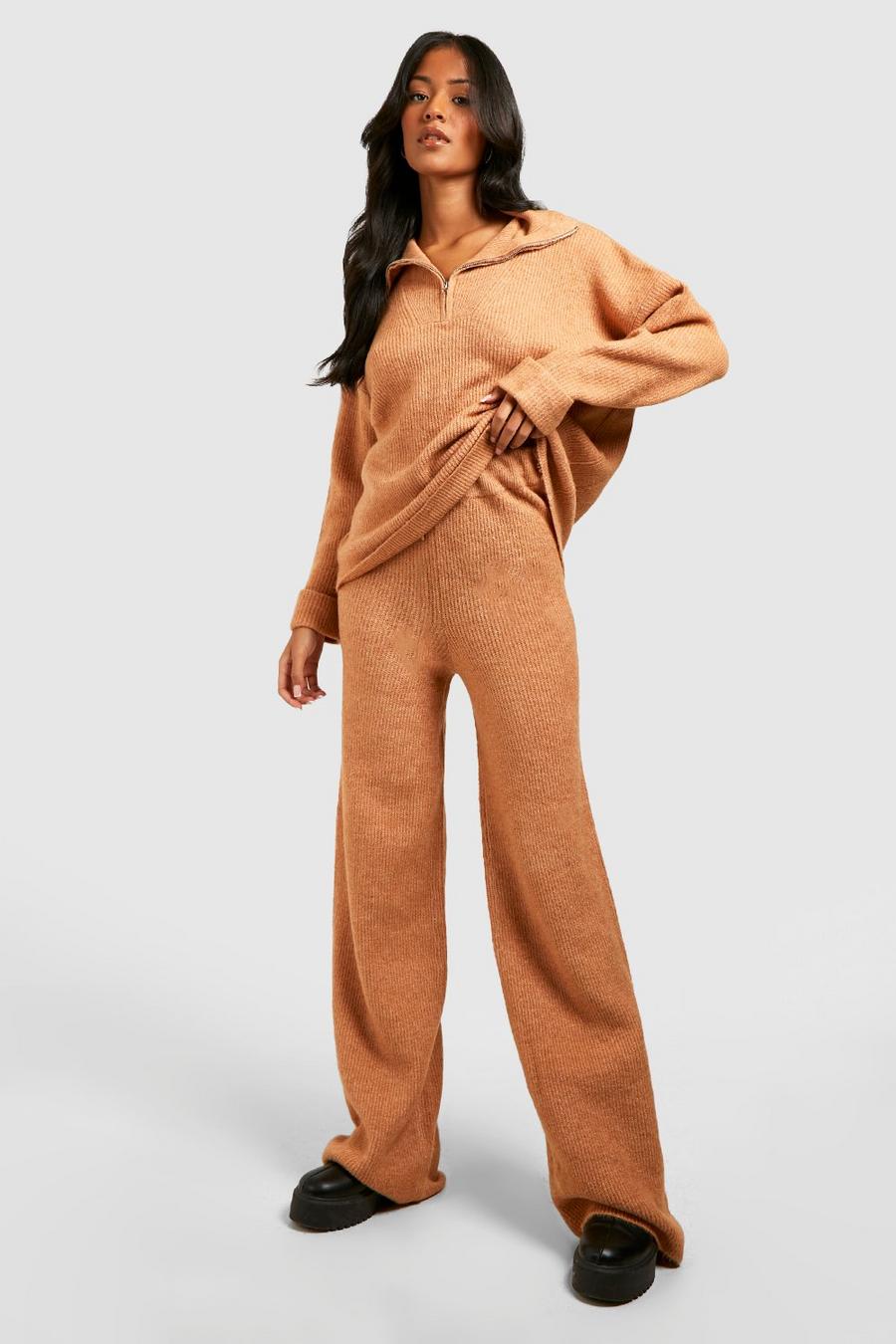 Camel Tall Funnel And Wide Leg Pants Knitted Set image number 1