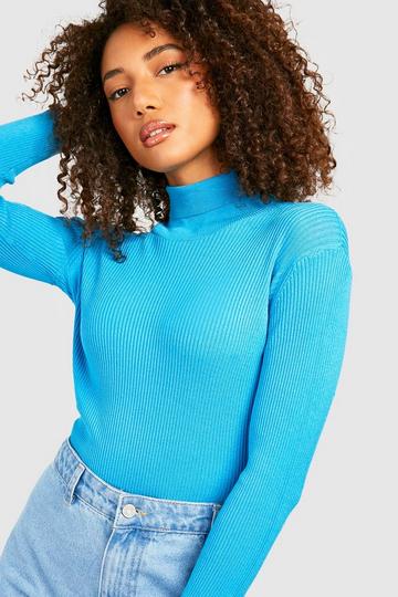 Turquoise Blue Tall Fine Knit Turtleneck Sweater