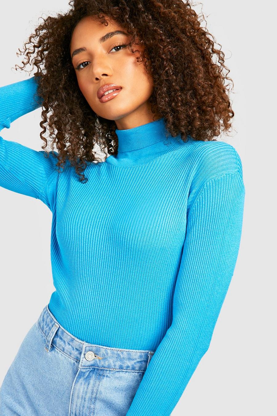 Turquoise Tall Fine Knit Turtleneck Sweater image number 1