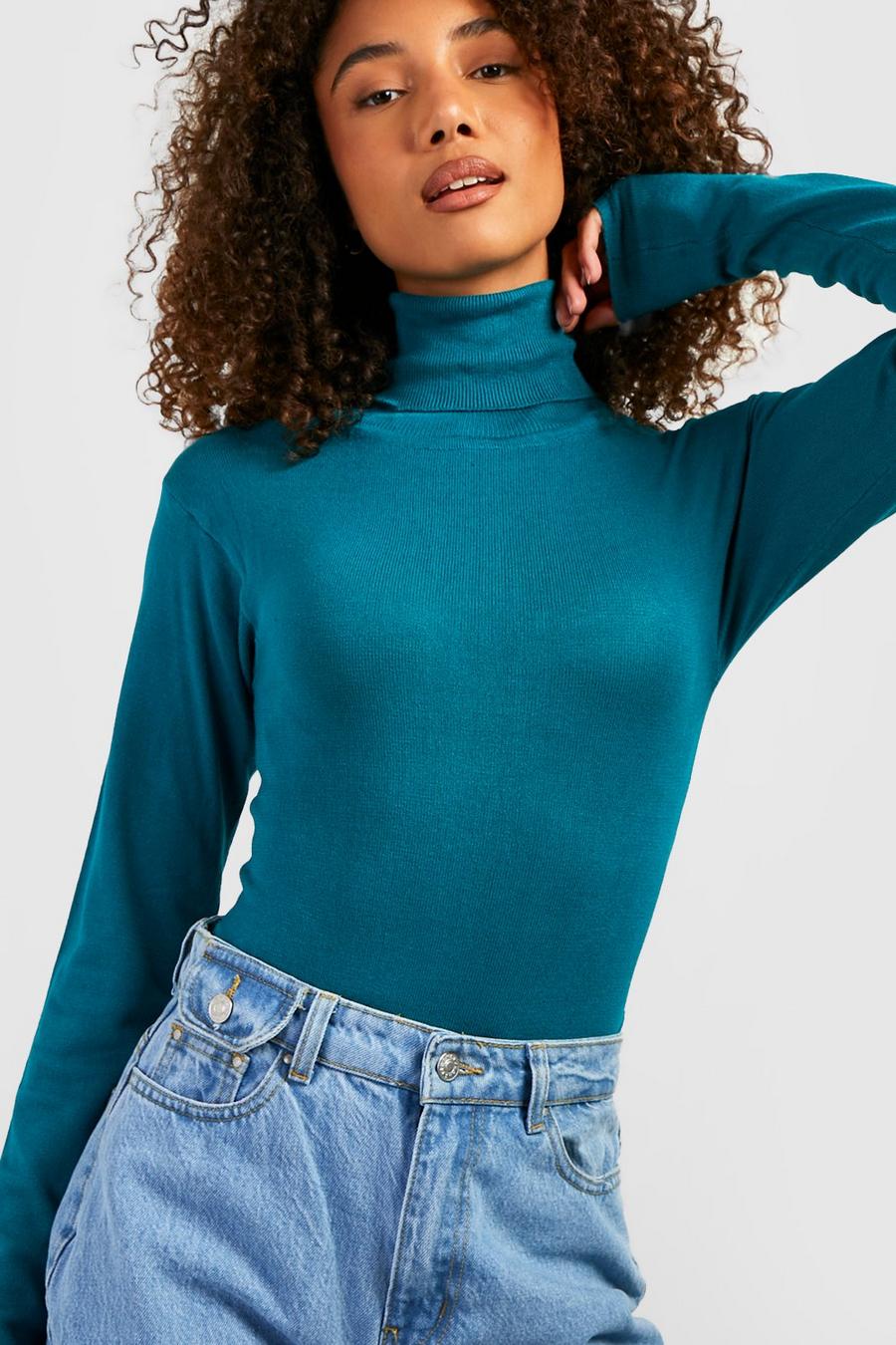 Teal Tall Soft Knit Roll Neck Bodysuit image number 1