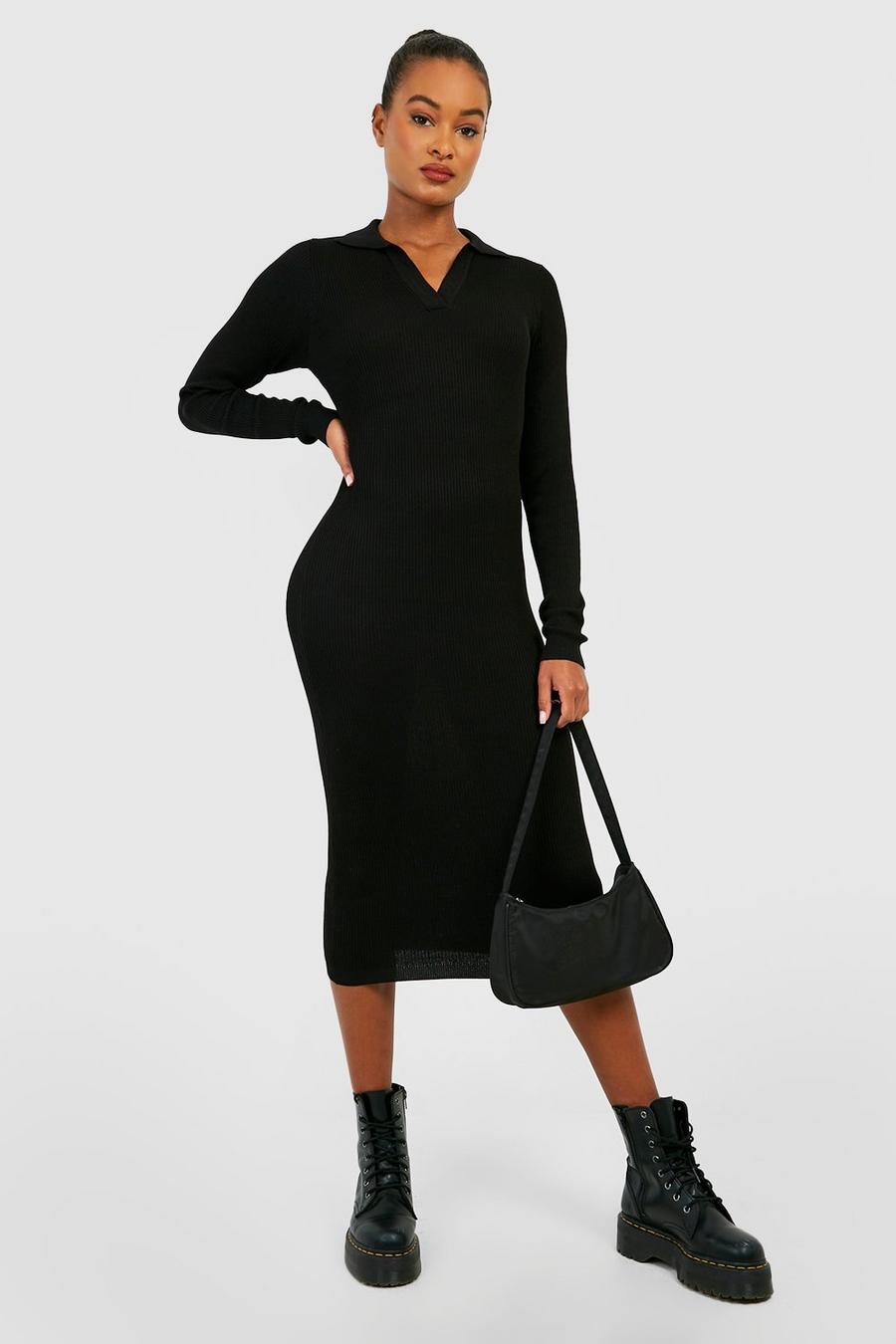 Black Tall Rib Knitted Polo Collared Midi Dress image number 1