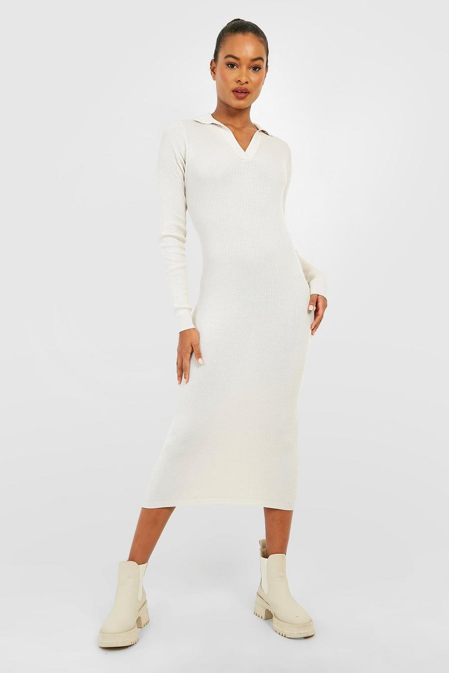 Stone Tall Rib Knitted Polo Collared Midi Dress image number 1