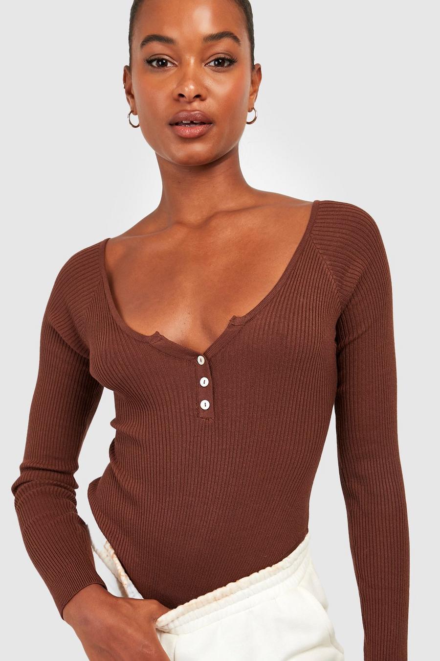 Chocolate Tall V Knitted Bodysuit With Button Detail image number 1