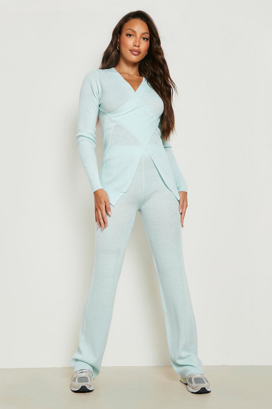 Aqua blue Tall Knitted Wrap Sweater And Pants Two-Piece