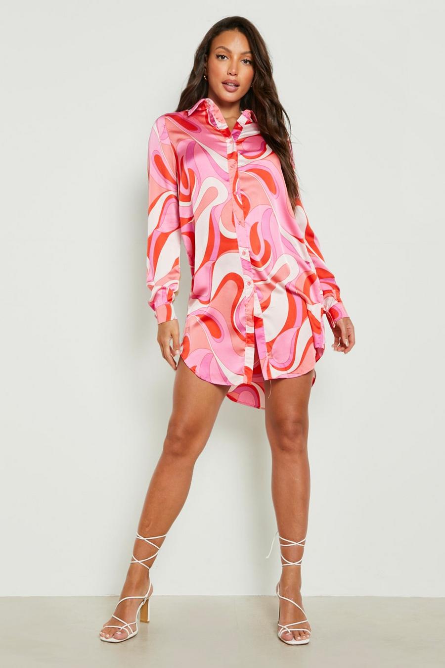 Pink Tall Abstract Satin Shirt Dress image number 1