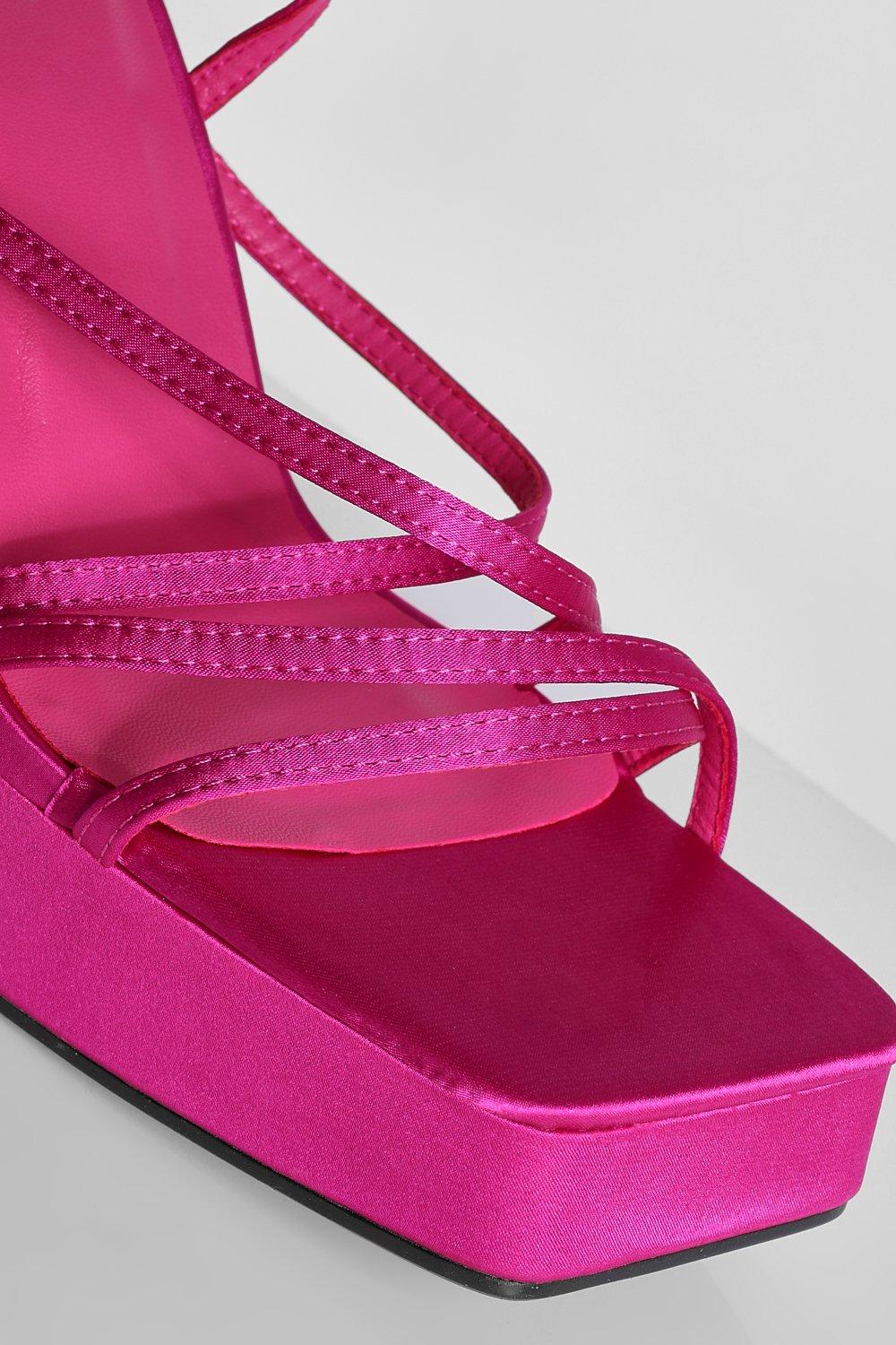 PINK SATIN WEDGE PLATFORM STRAPPY HEEL