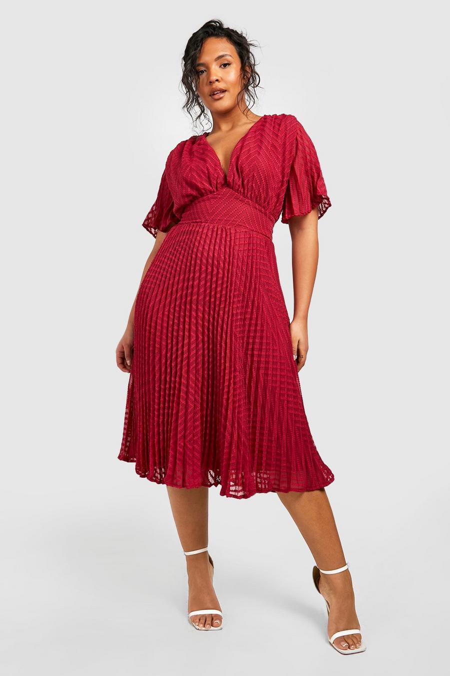 Berry red Plus Textured Chiffon Midi Skater Dress image number 1