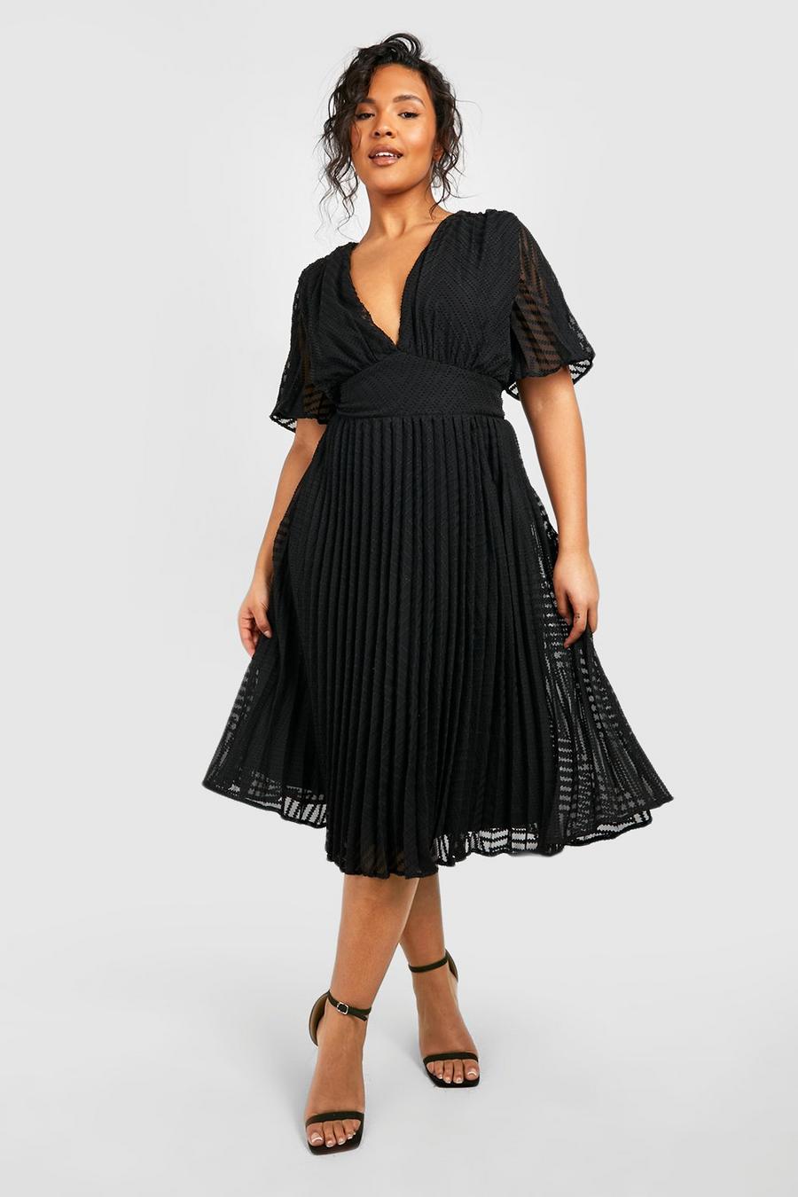 Black שמלת סקייטר מידי שיפון עם טקסטורה למידות גדולות image number 1