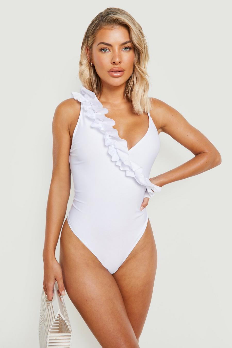White Ruffle Asymmetric Plunge Swimsuit image number 1