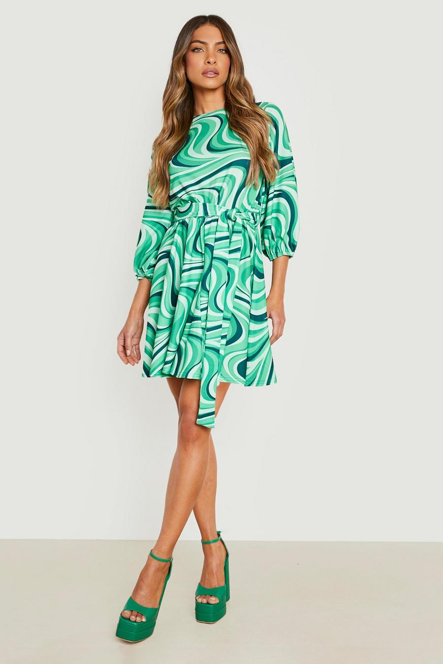 ירוק שמלת סקייטר מבד סקובה קרפ עם חגורה והדפס מערבולת