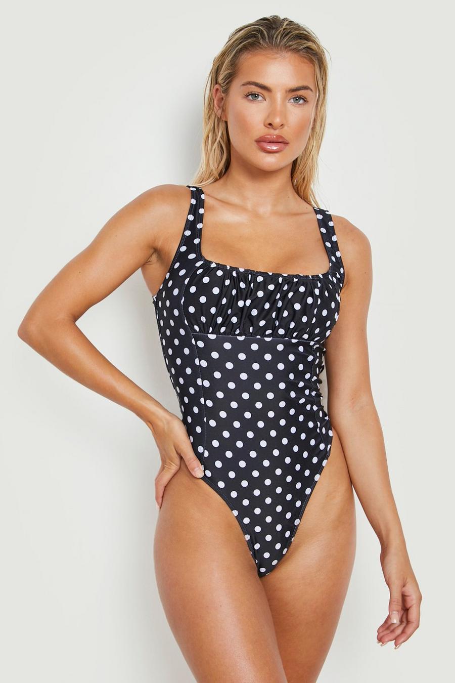 Black Polka Dot Square Neck Ruched Bust Swimsuit image number 1