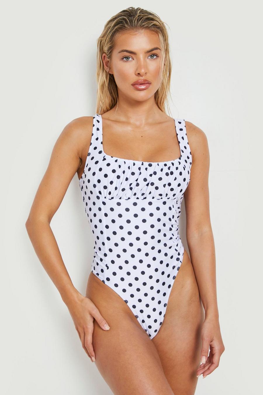 White Polka Dot Square Neck Ruched Bust Swimsuit