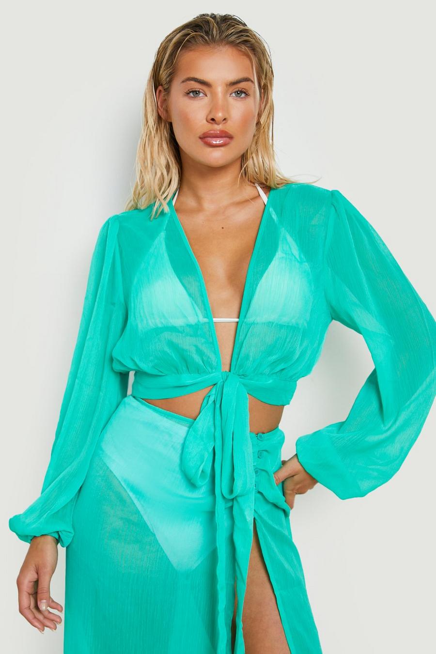 Green Sheer Texture Wrap Multiway Beach Top image number 1