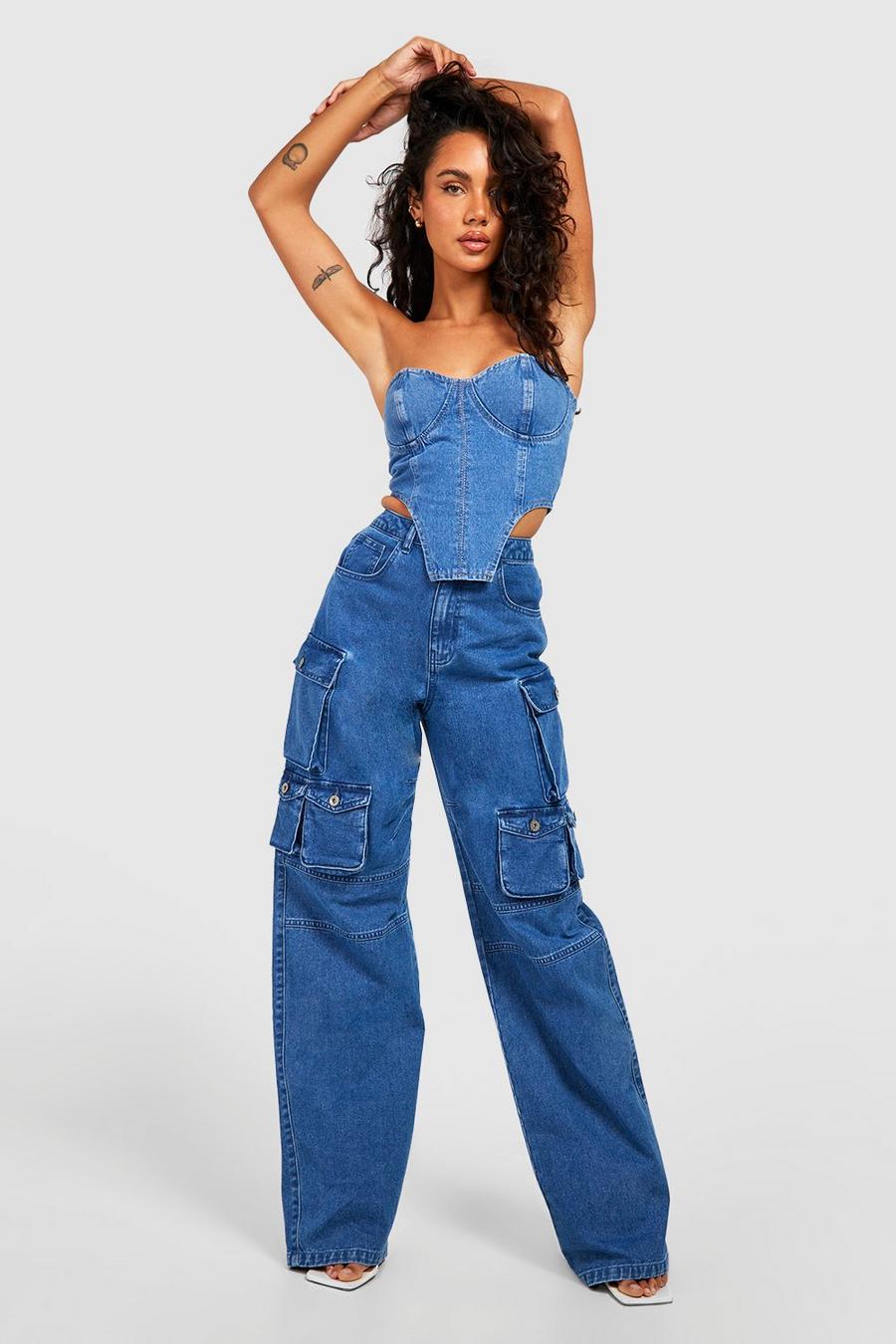 Mid wash High Waisted Wide Leg Multi Pocket Cargo Jeans image number 1