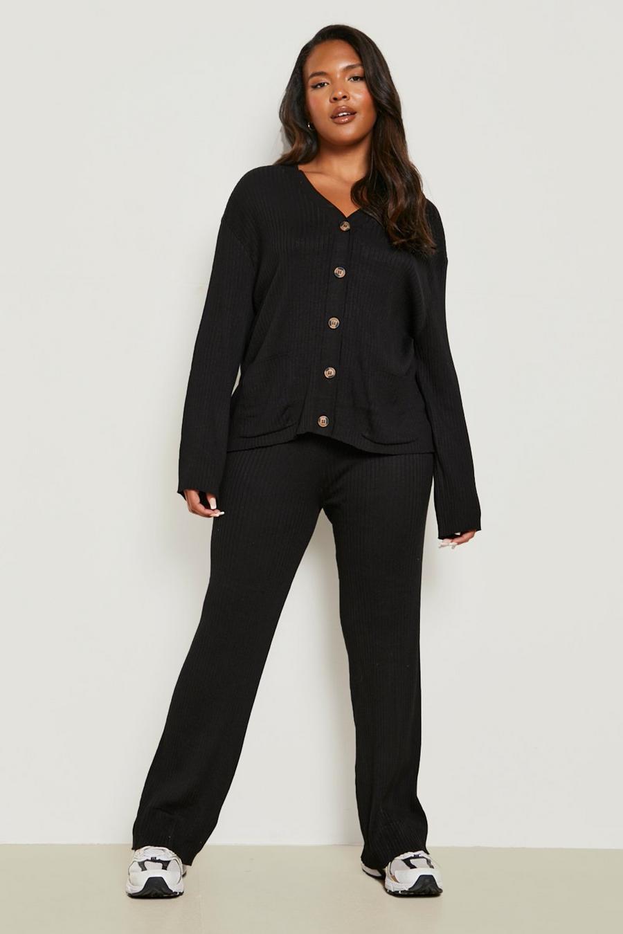 Black Plus Rib Knit Buttoned Cardigan & Trouser Co-ord image number 1