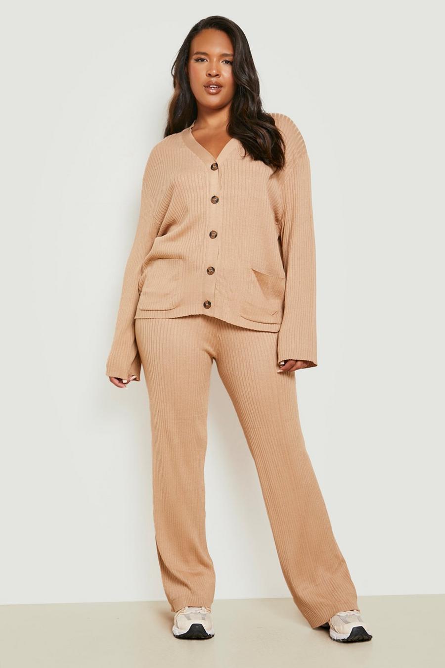 Camel beis Plus Rib Knit Buttoned Cardigan & Trouser Co-ord