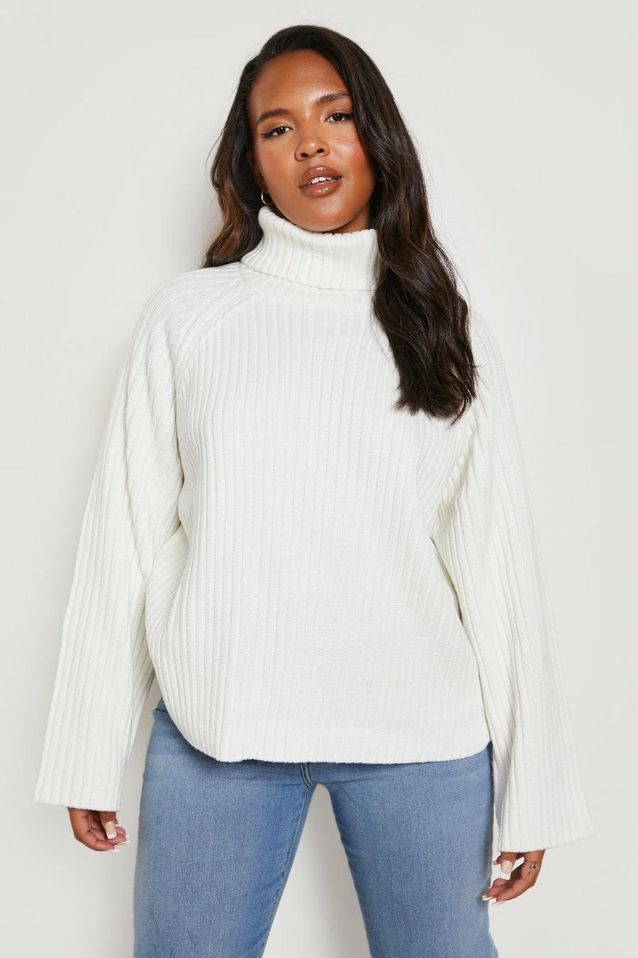 Maglione Plus Size oversize in maglia spessa con collo alto, Ivory bianco