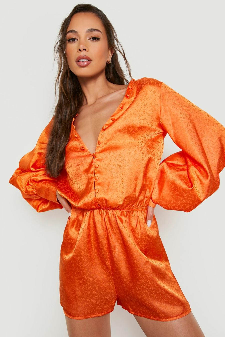 Orange Jacquard Satin Wide Sleeve Playsuit  image number 1