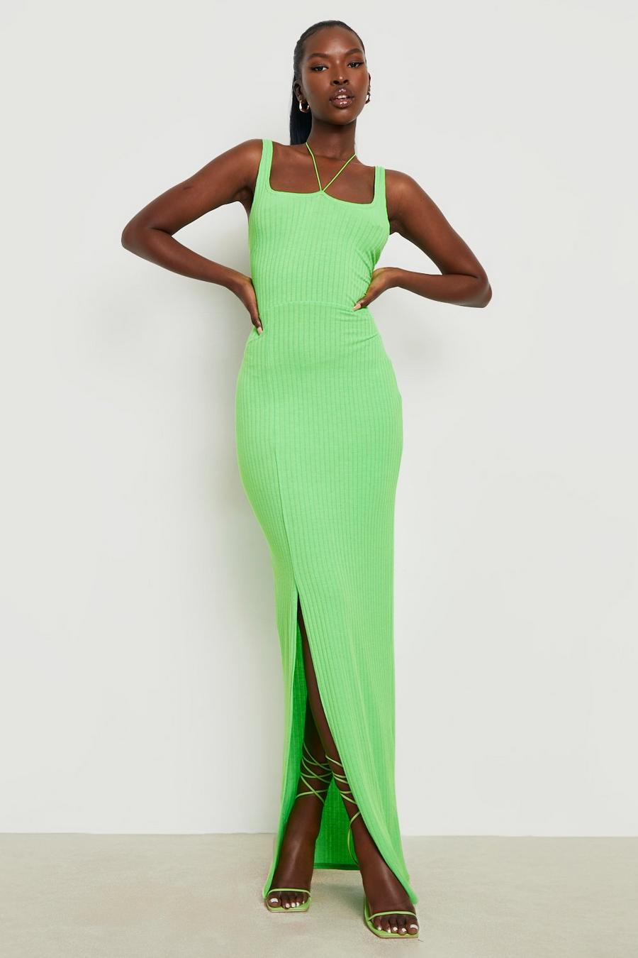 Lime green Rib Strappy Front Split Maxi Dress