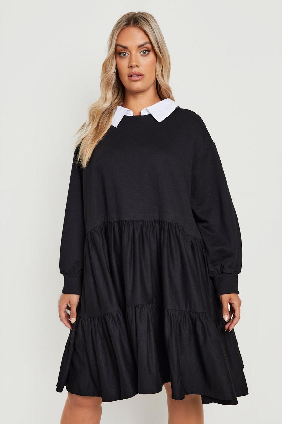 Black Plus 2 In 1 Tiered Sweatshirt Dress image number 1