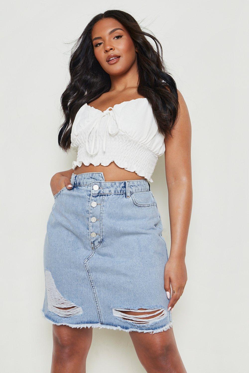 Plus Asymmetric Distressed Denim Skirt