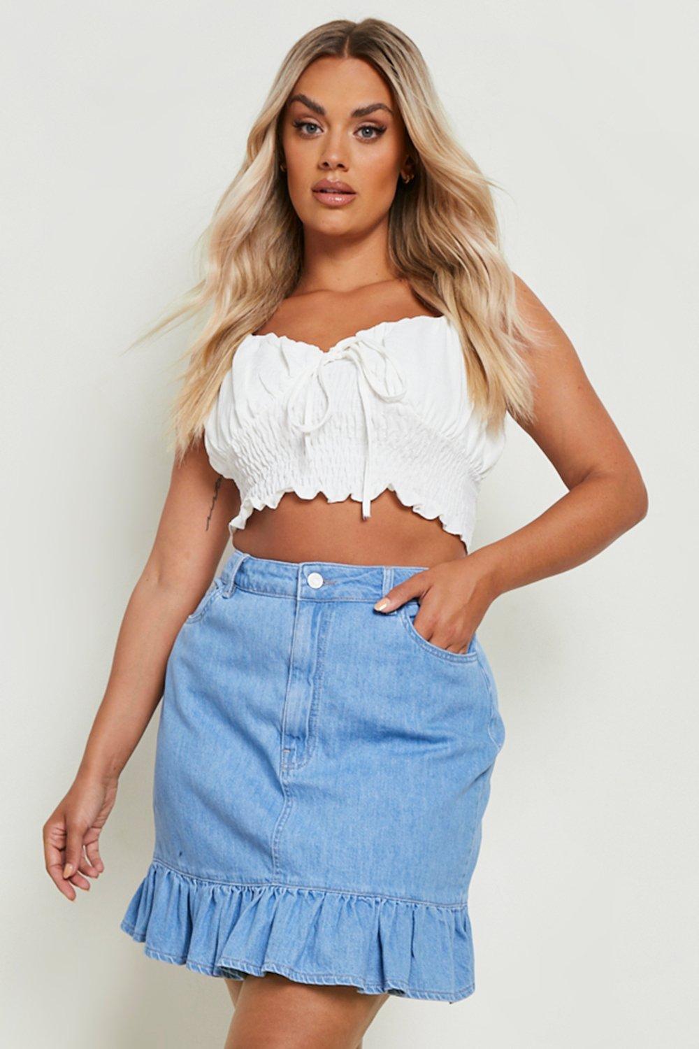 Boohoo plus size sales denim skirt