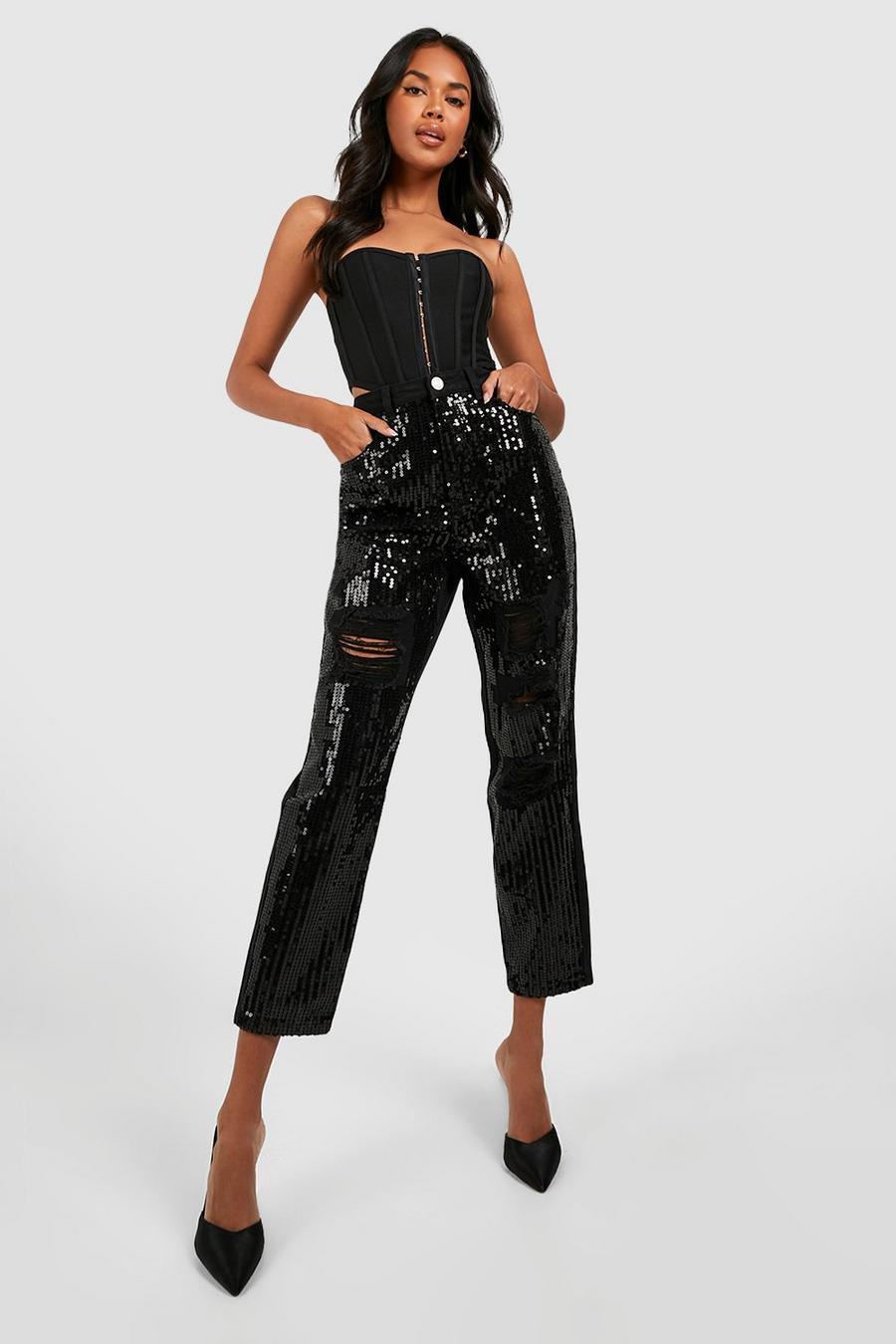 Washed black Sequin Distressed Jeans