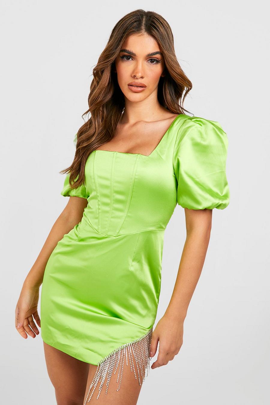 Lime green Satin Corset Rhinestone Trim Mini Dress