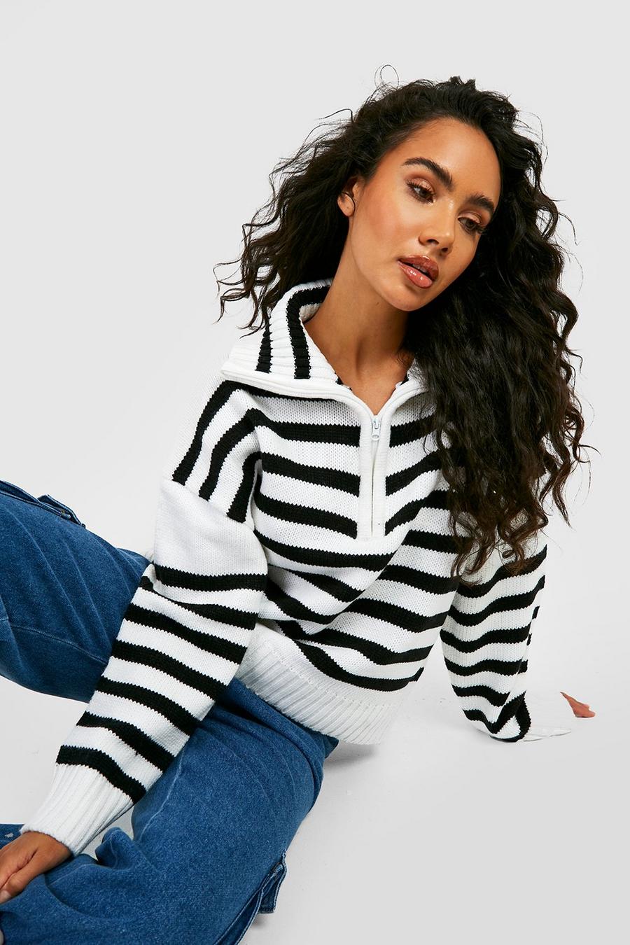 White Half Zip Stripe Polo Collar Sweater image number 1