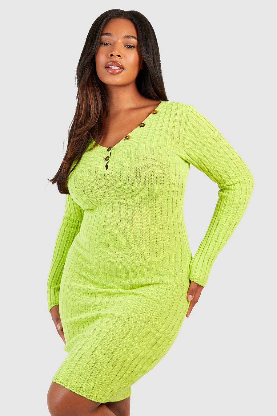Citrus green Plus Wide Rib Knitted Deep V Mini Dress