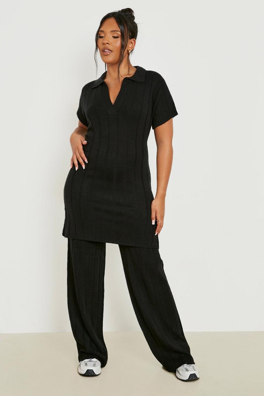 Black Plus Wide Knit Longline Top & Trouser Co-ord image number 1