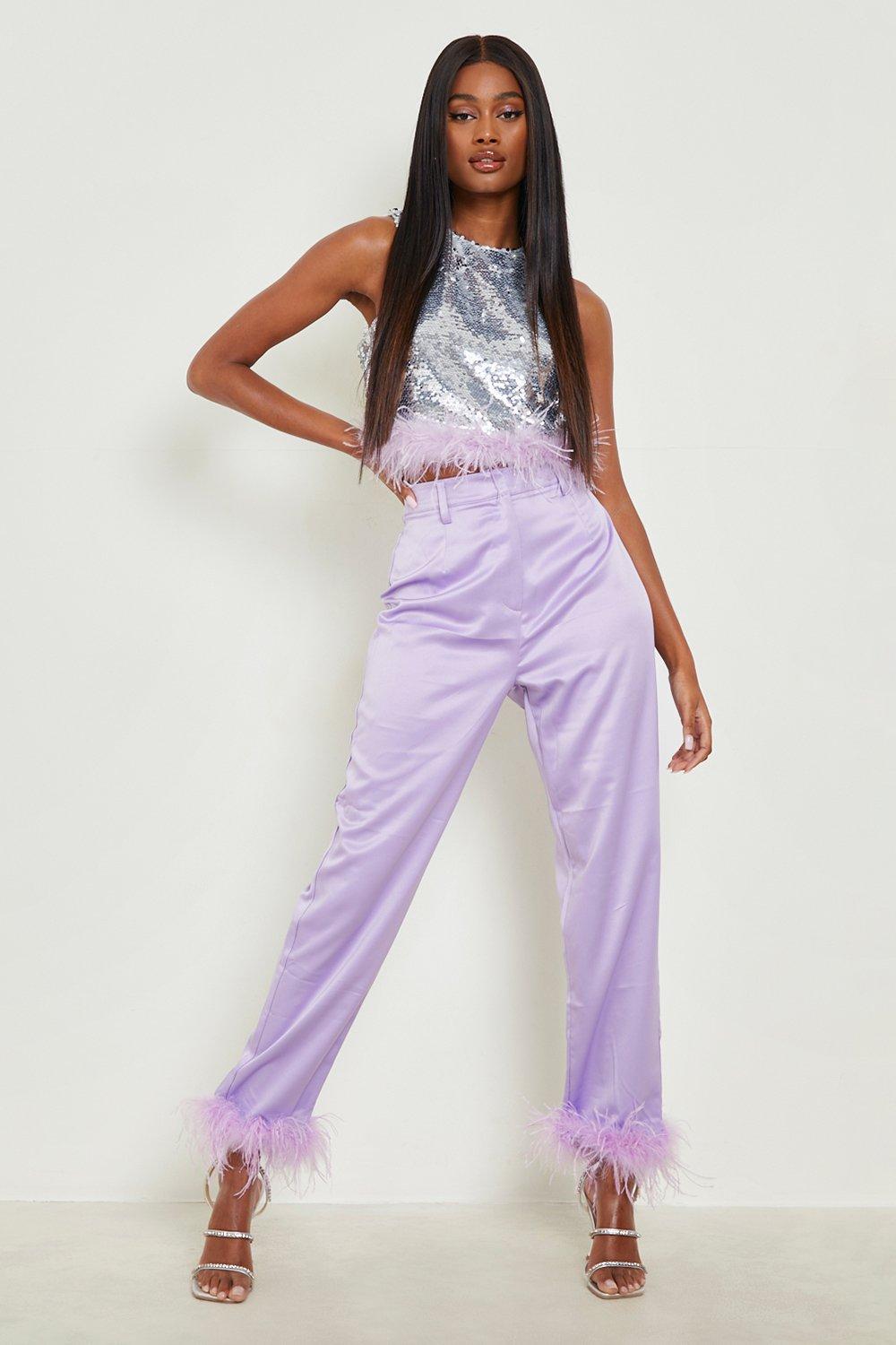 Lilac Satin Feather Trim Straight Leg Trousers