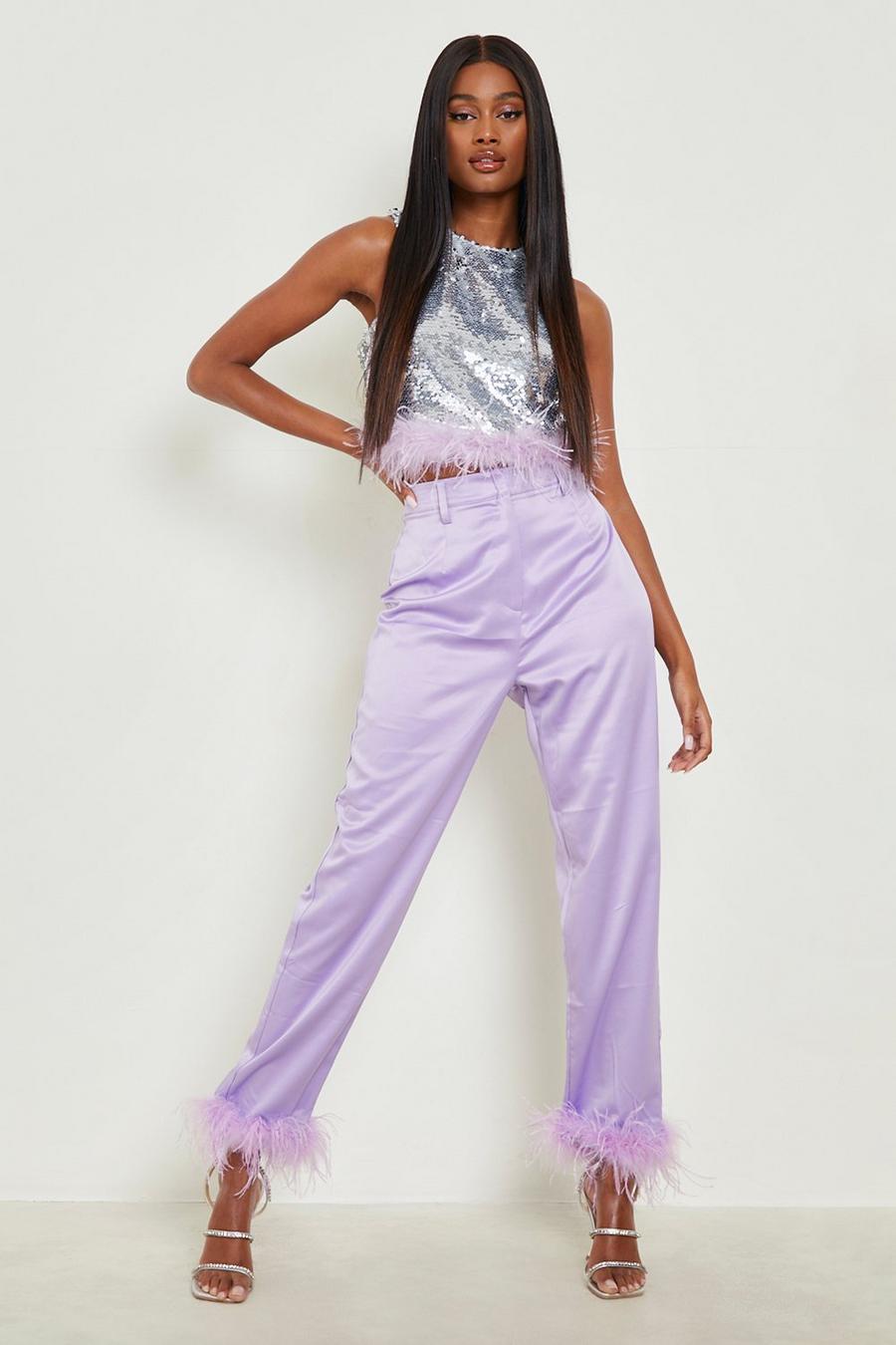 Pantaloni dritti in raso rifiniti con piume, Lilac purple image number 1