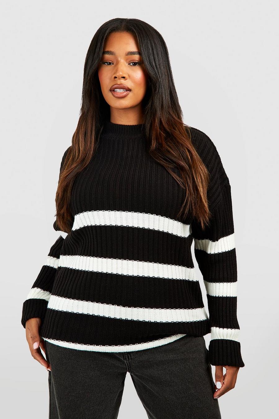 Black Plus Stripe Boxy Knitted Sweater image number 1