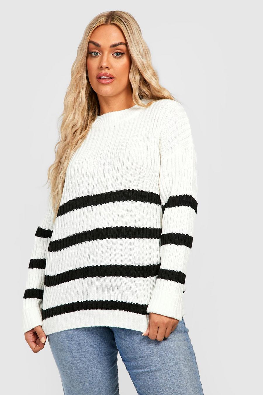 Ivory Plus Stripe Boxy Knitted Jumper