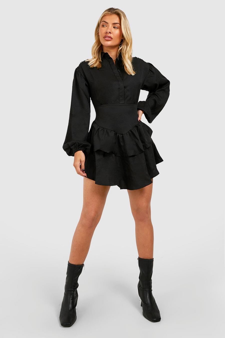 Black Ruffle Skirt Shirt Dress image number 1