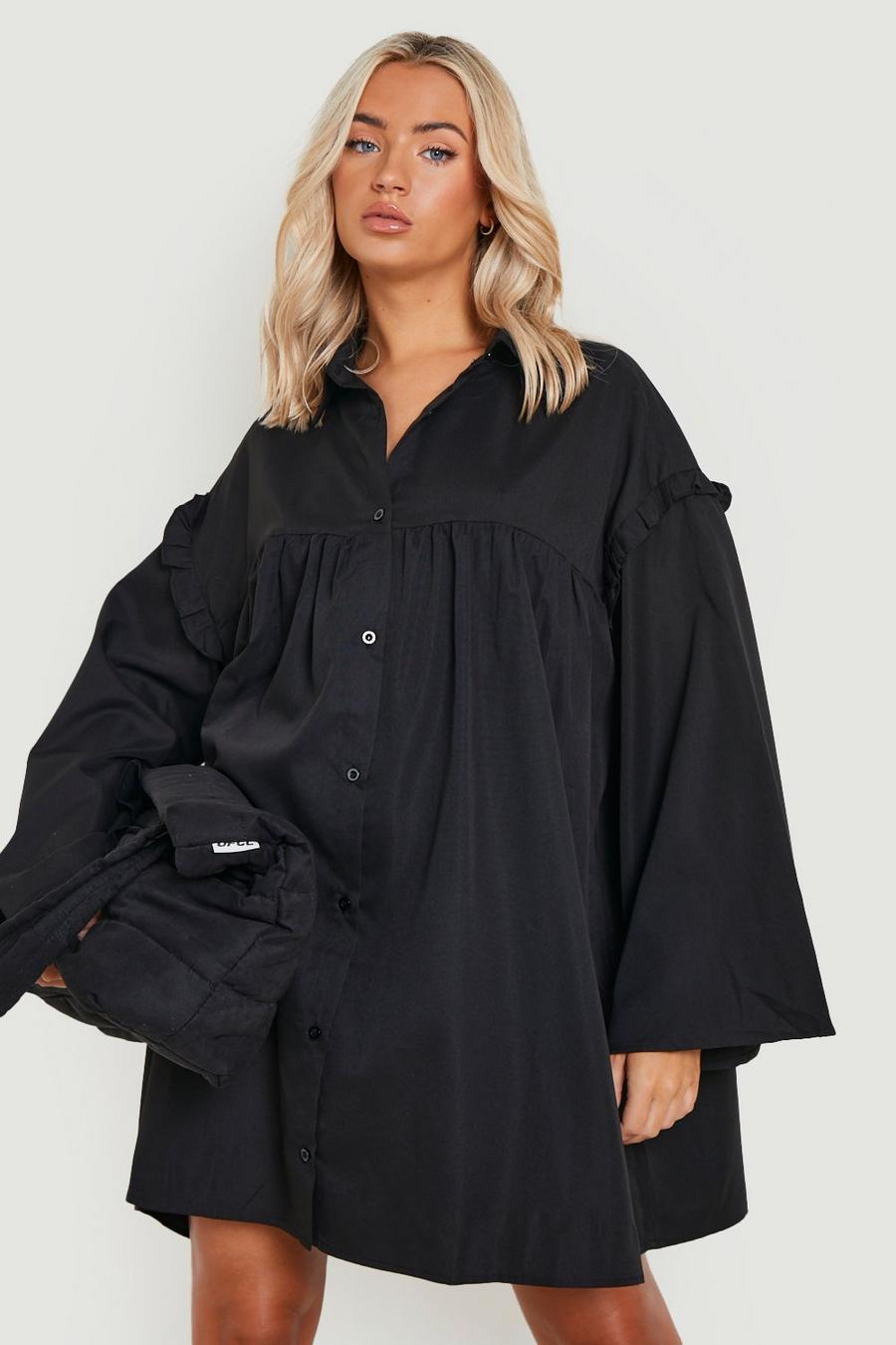 Black Puff Sleeve Button Through Smock Dress image number 1