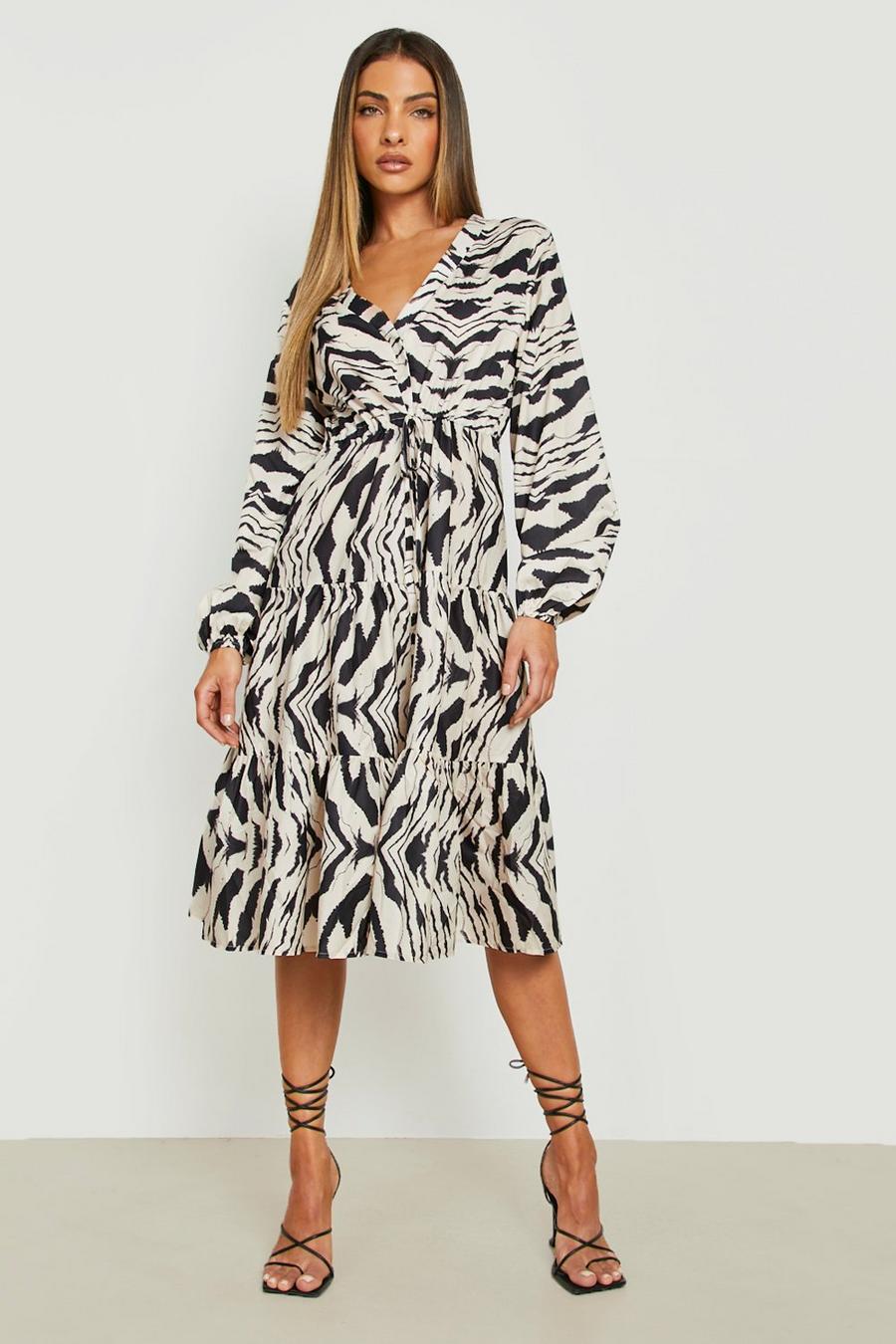 Women's Zebra Wrap Long Sleeve Midi Dress | Boohoo UK