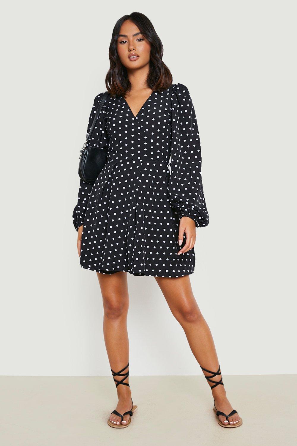 Polka Dot Wrap Long Sleeve Skater Dress | boohoo USA