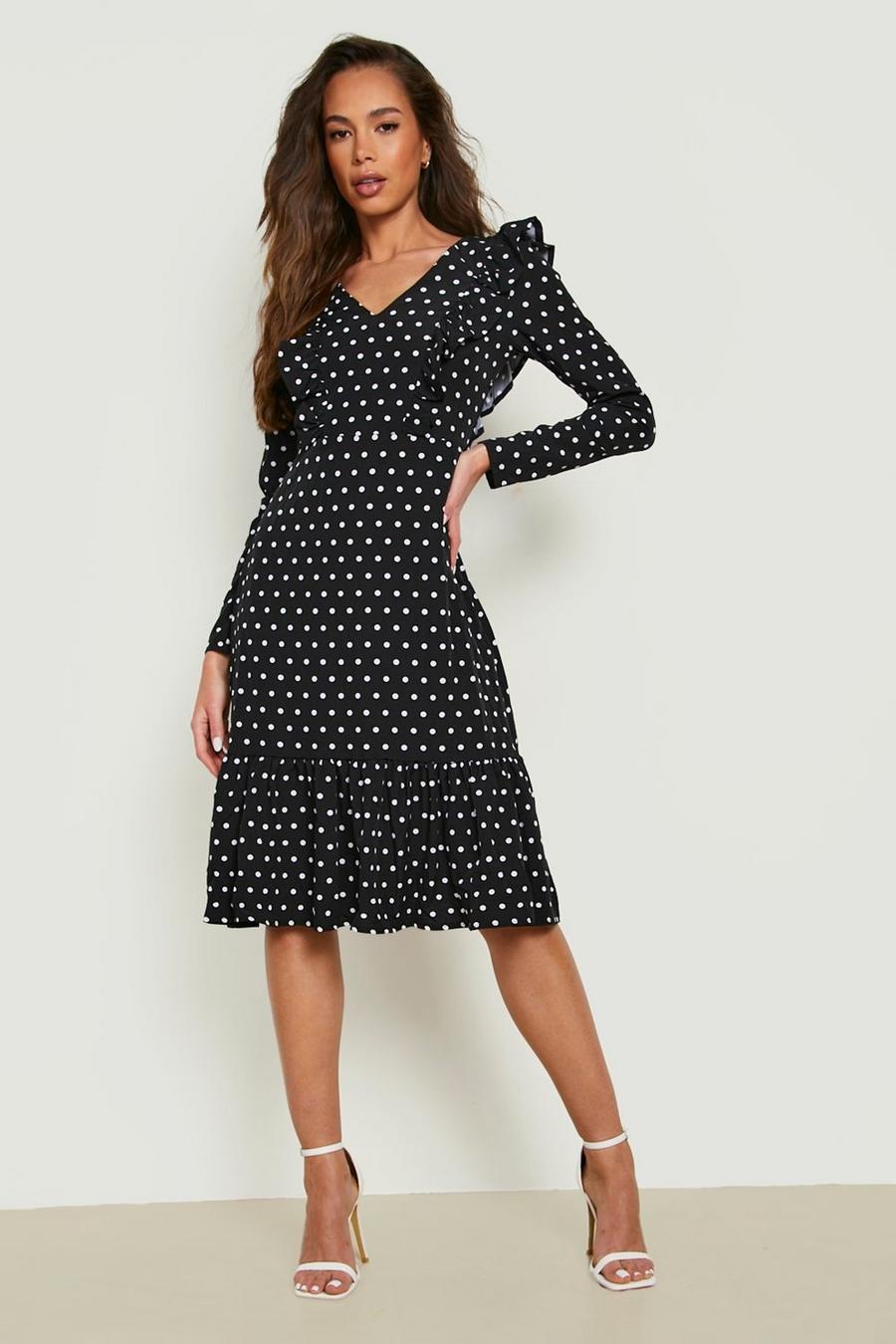 Black Polka Dot Ruffle Long Sleeve Midi Dress image number 1