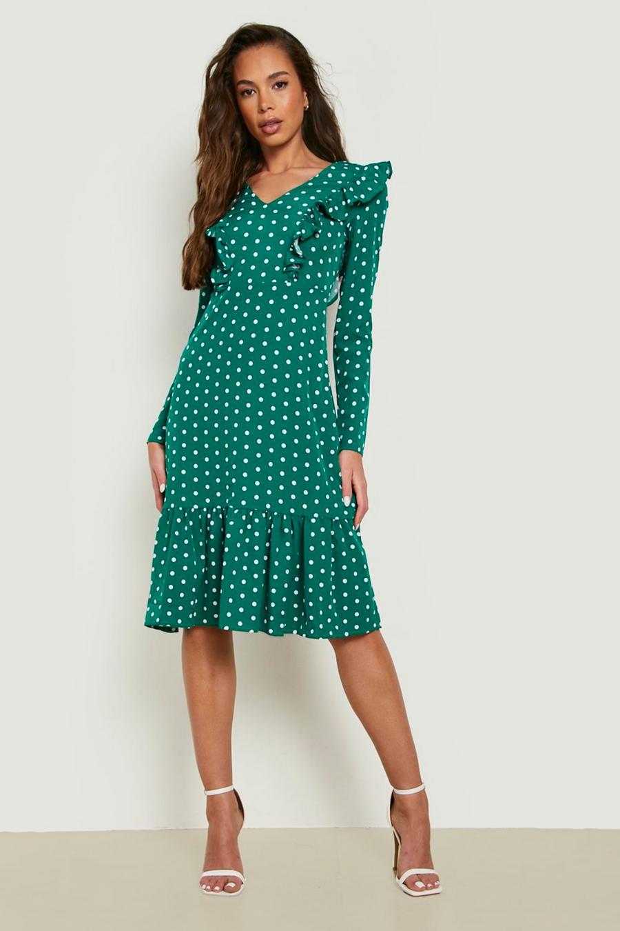 Green gerde Polka Dot Ruffle Long Sleeve Midi Dress