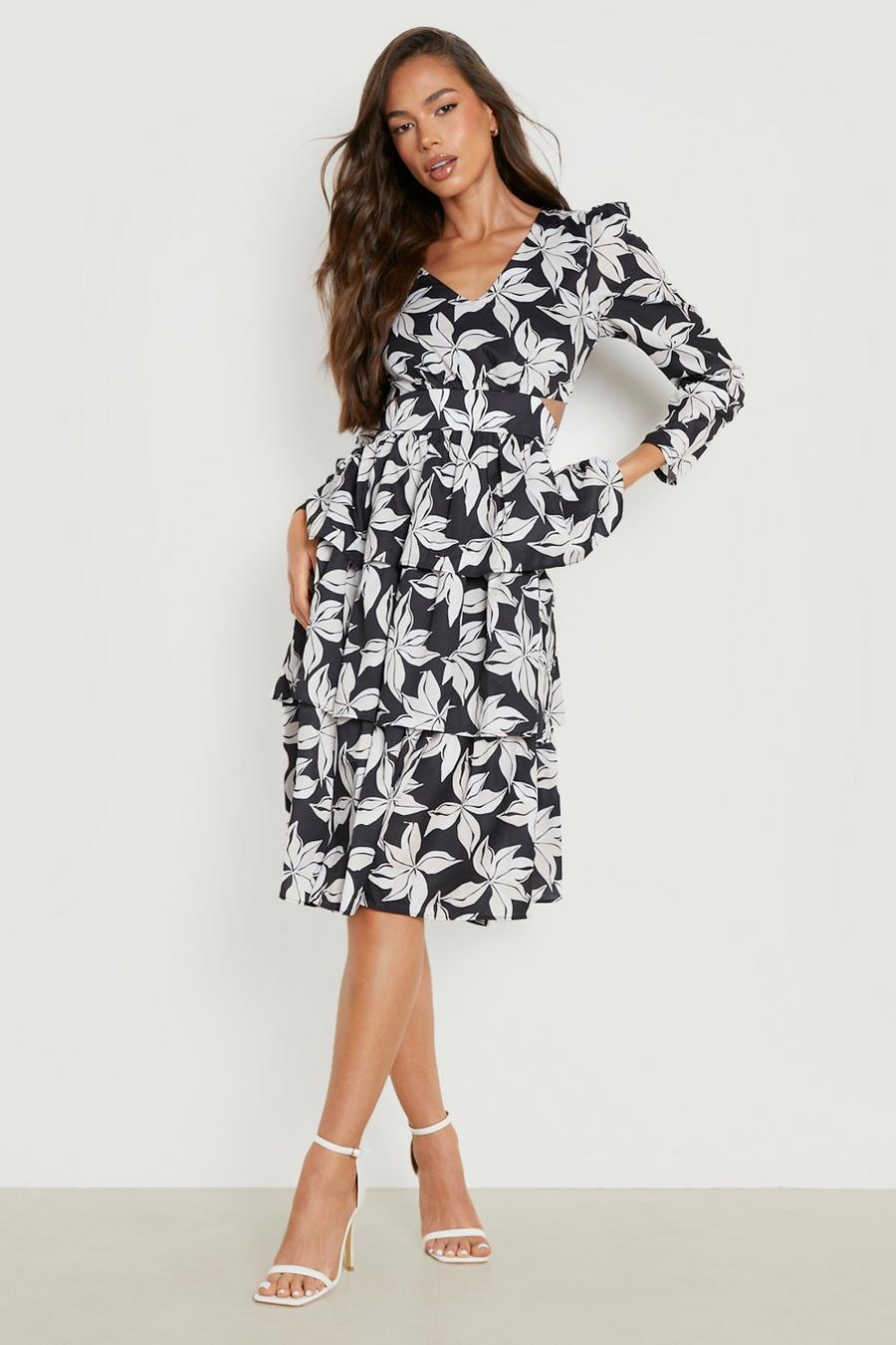Black Floral Ruffle Tiered Midi Dress image number 1