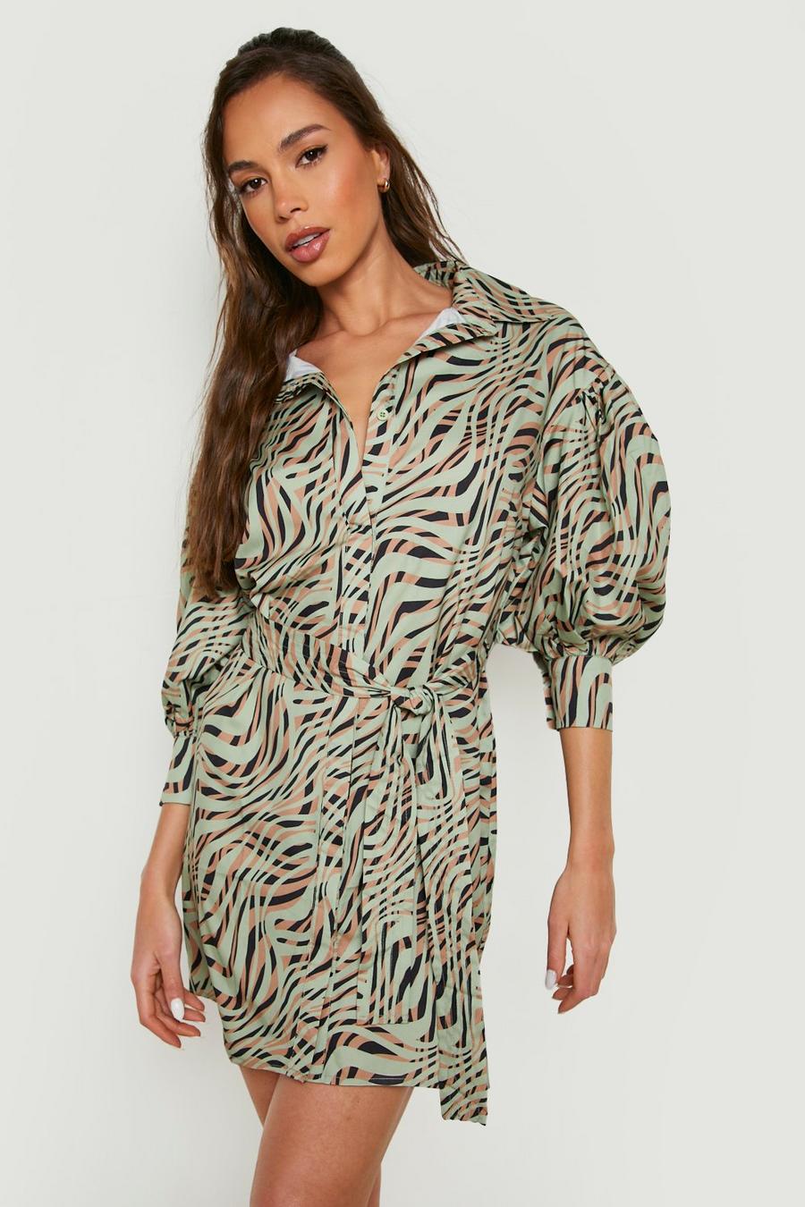 Khaki Zebra Ruffle Hem Oversized Shirt Dress image number 1
