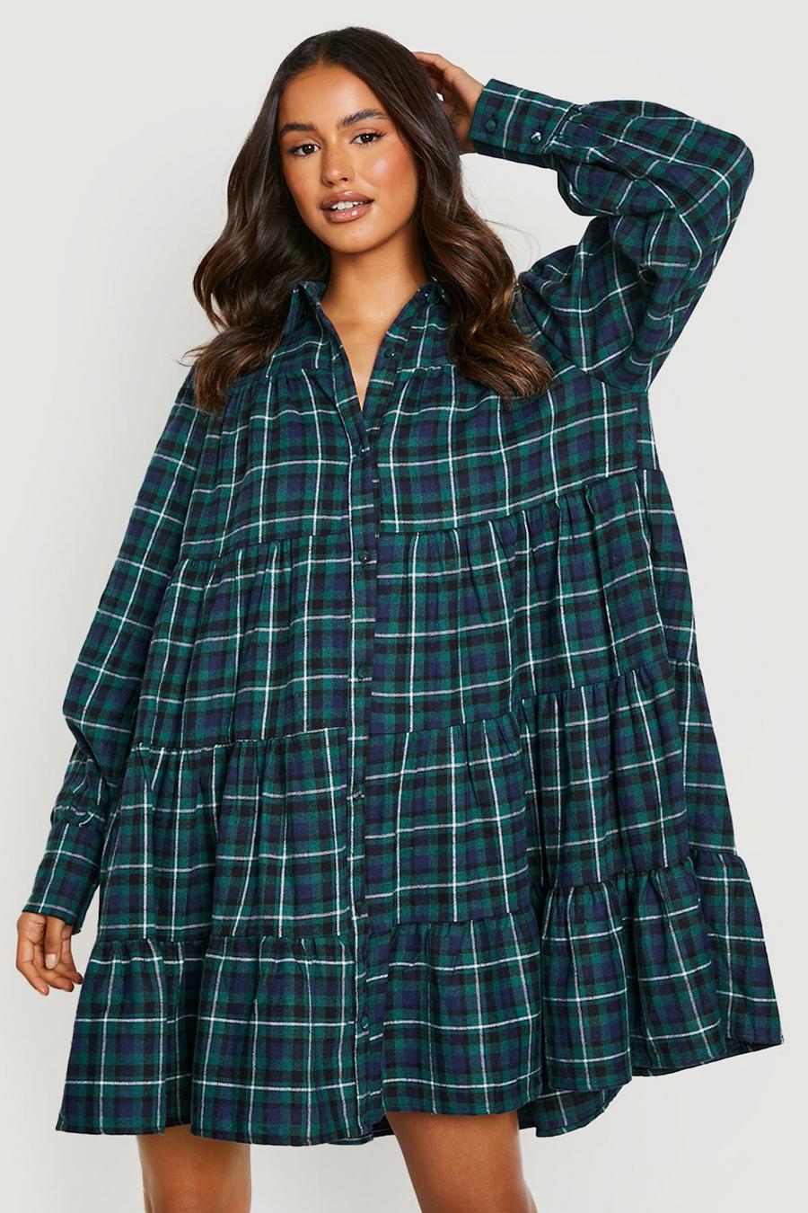 Khaki Flannel Ruffle Hem Oversized Shirt Dress