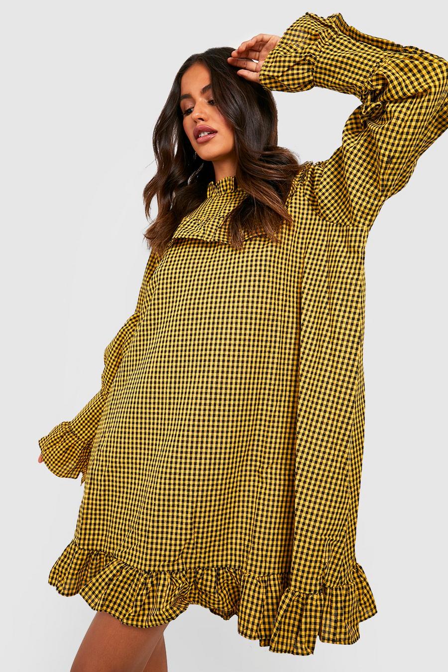 Mustard Flannel Ruffle Hem High Neck Smock Dress image number 1