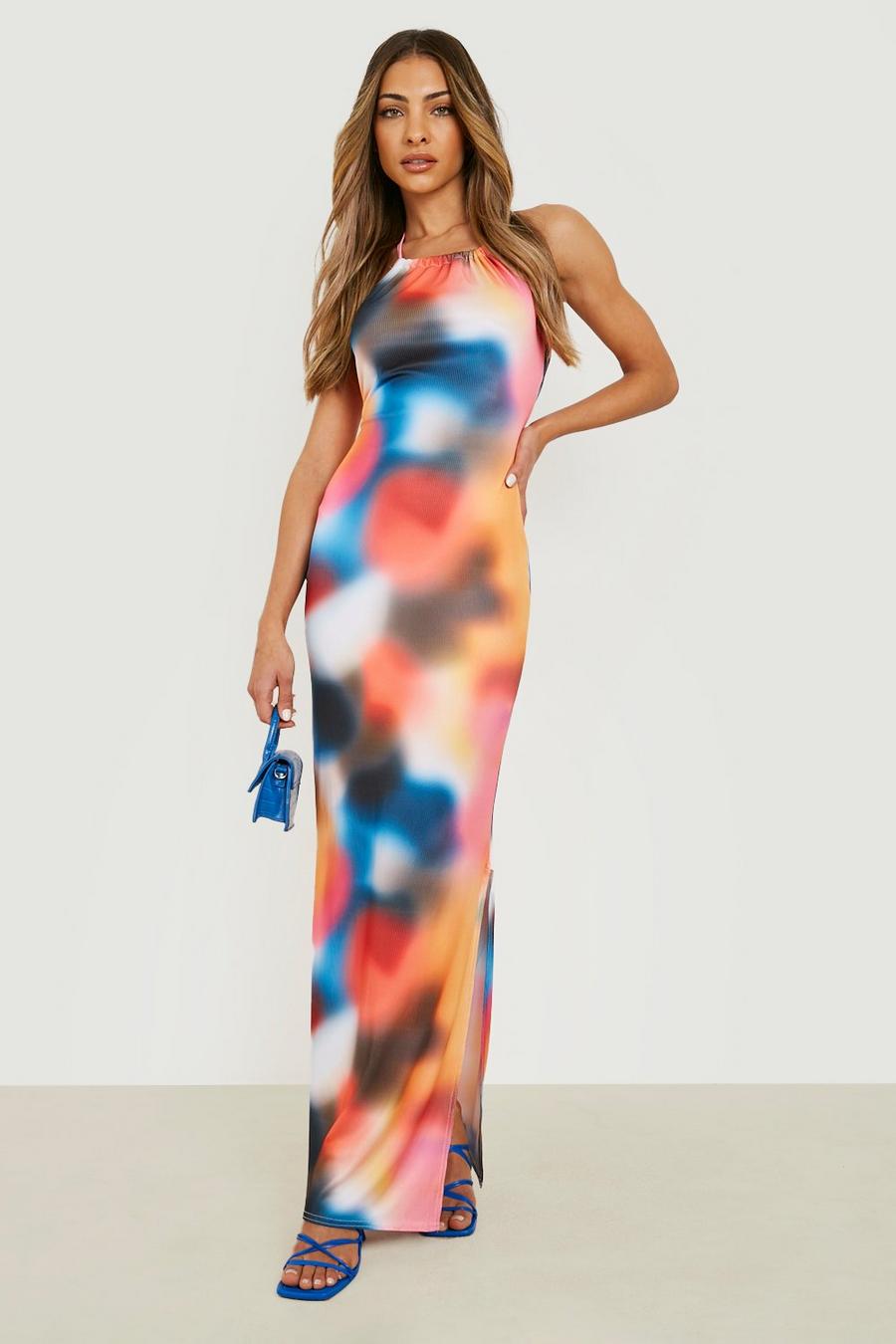 Multi Rib Halter Neck Maxi Dress Tie Dye Print image number 1