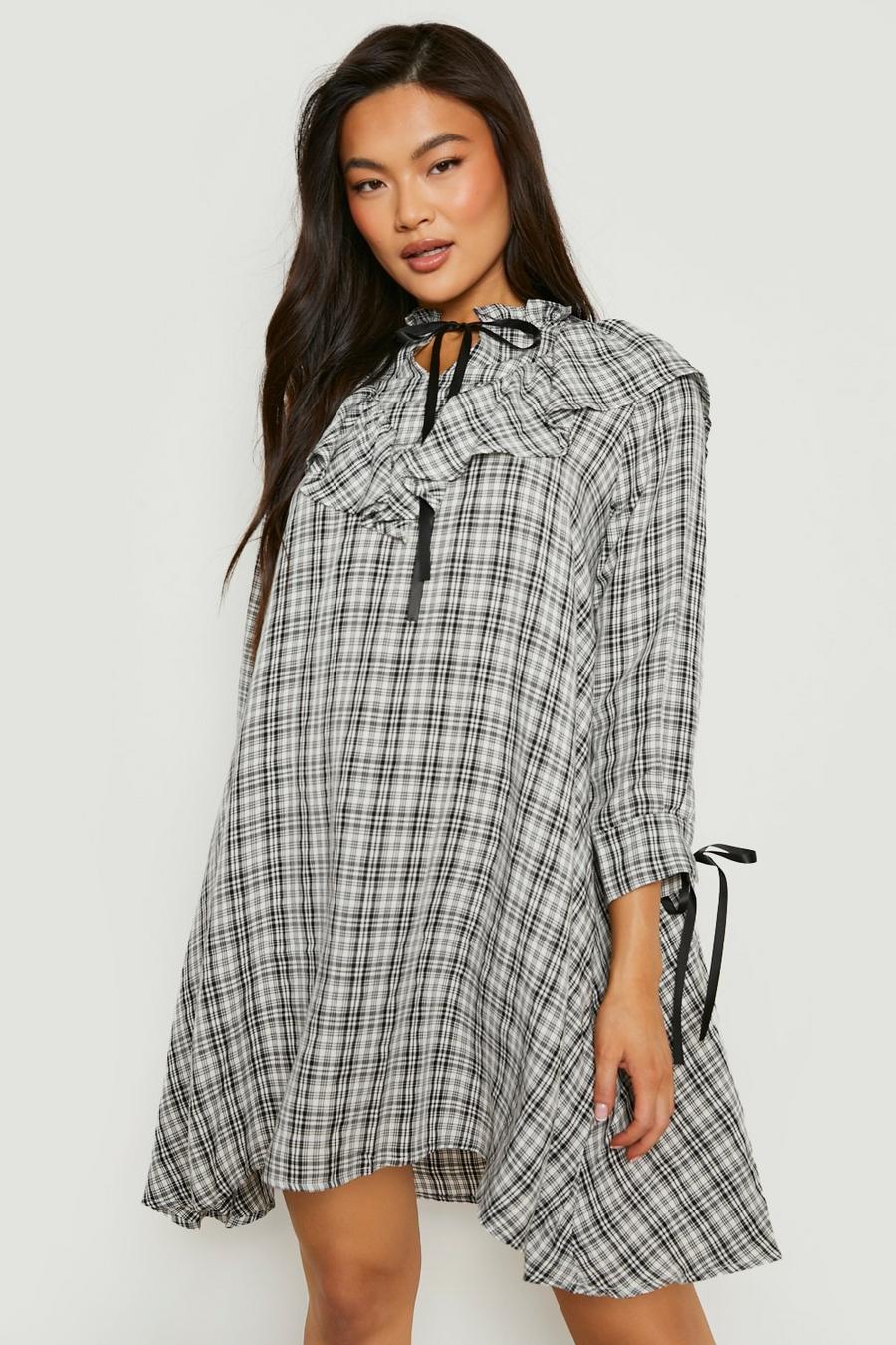 Black Flannel Ruffle Woven Smock Dress image number 1