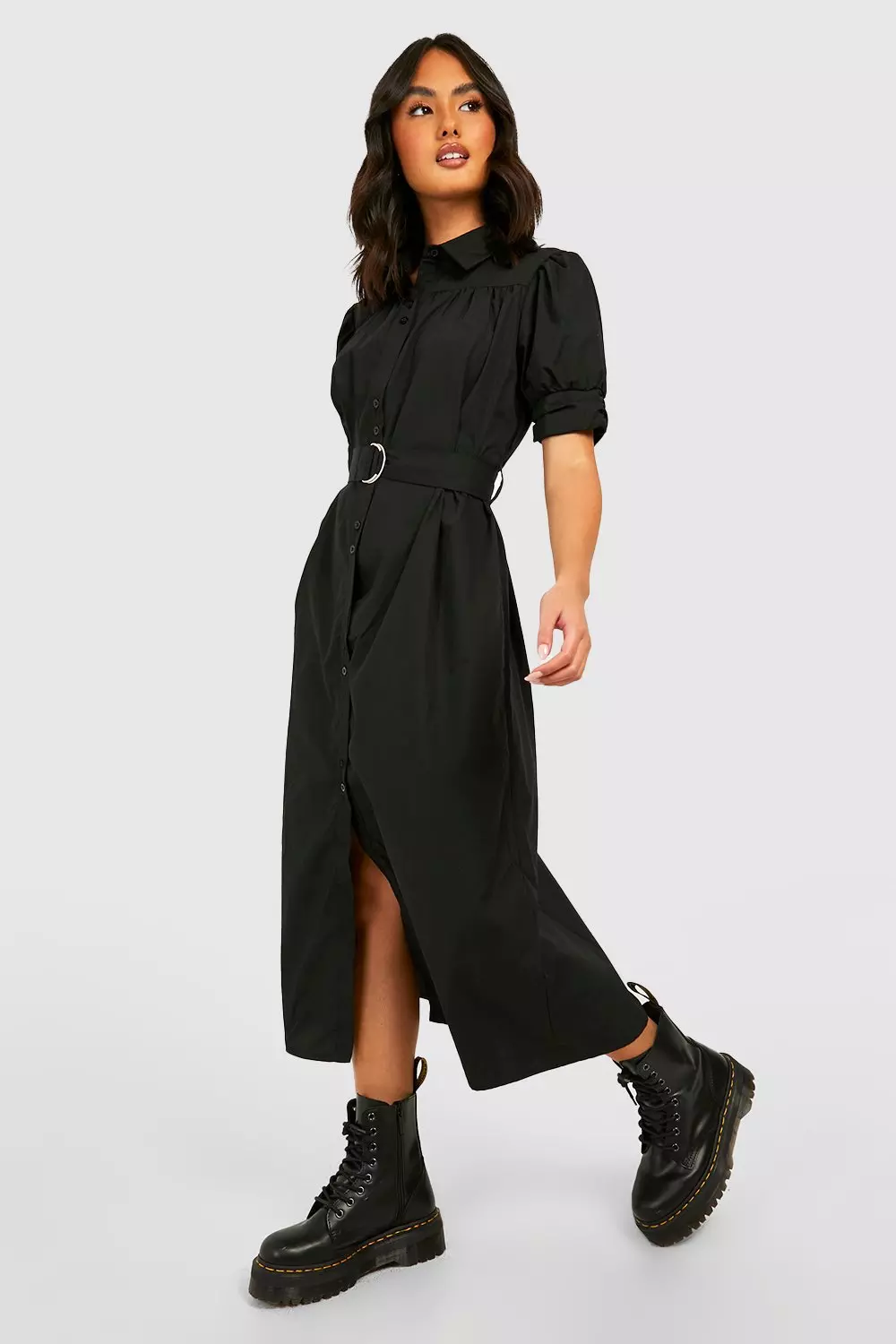 Black puff sleeve 2024 belted shirt dress