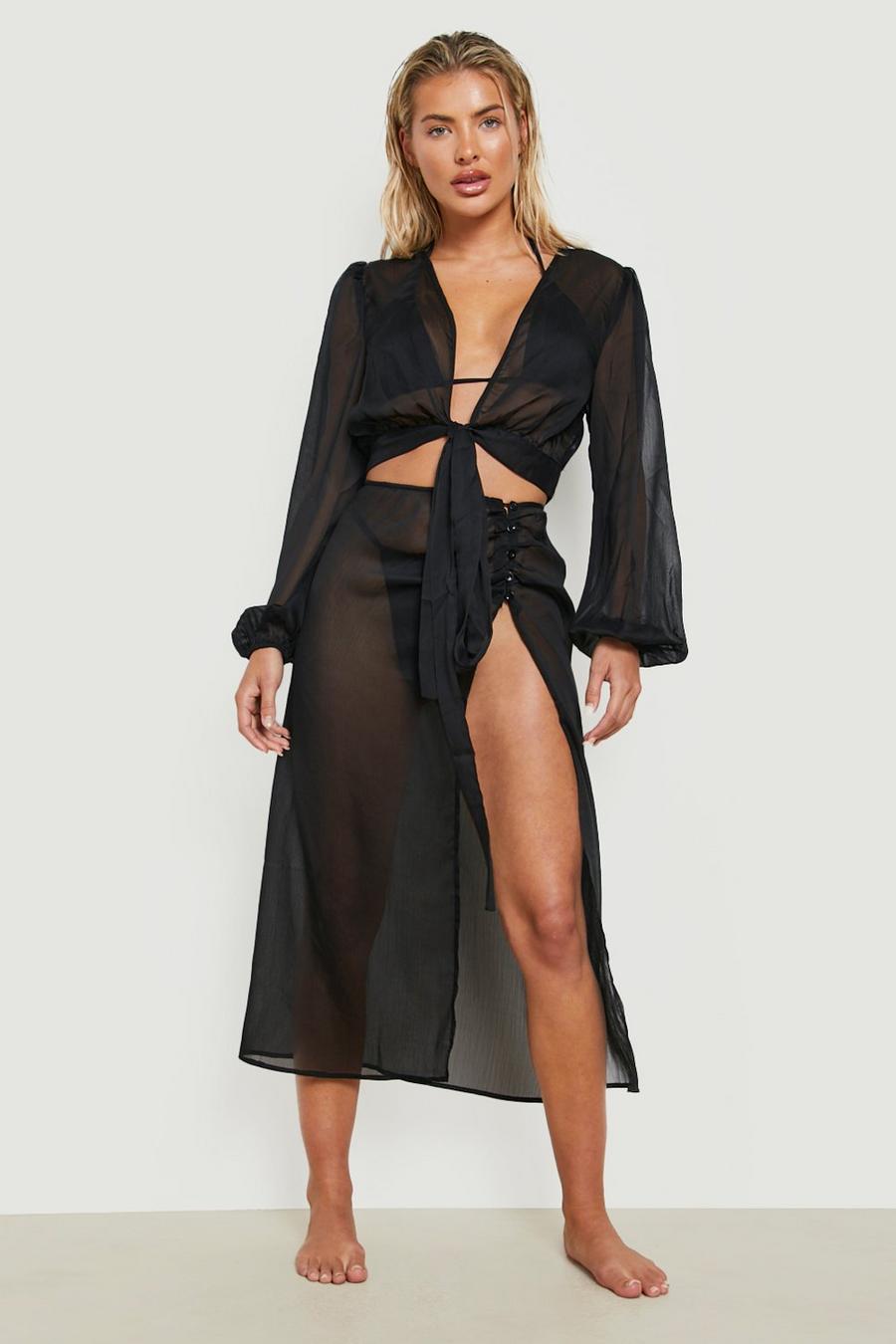 Black Sheer Texture Button Detail Asym Beach Skirt image number 1